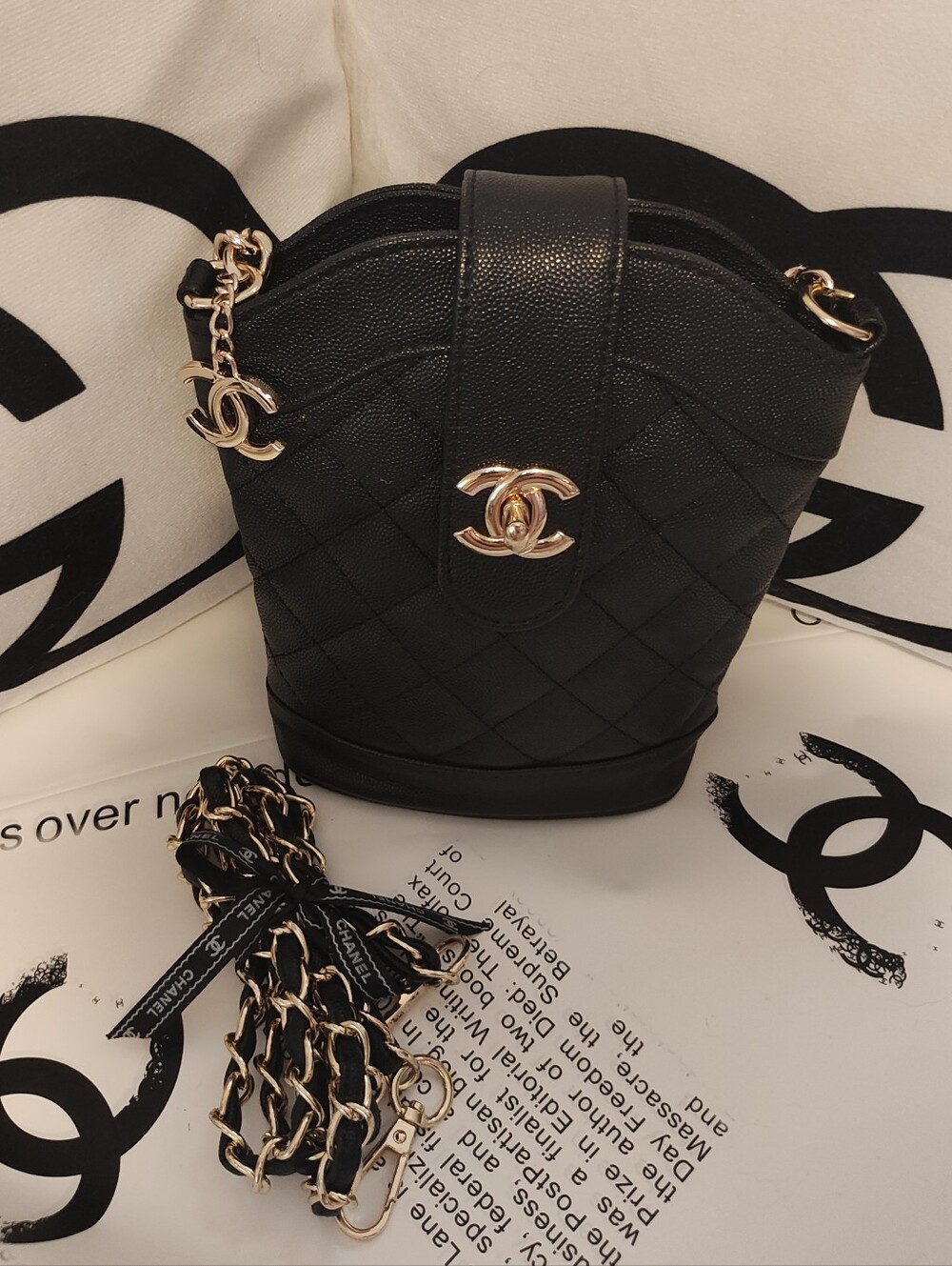 Black Quilted Caviar Leather Branded Crossbody with Gold CC Hardware